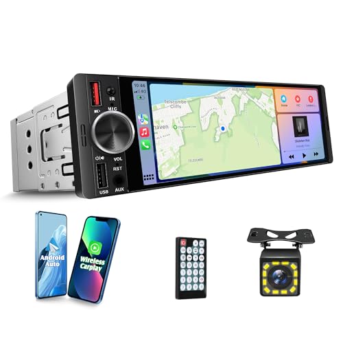 [in‑Cell Touchscreen] 6.36' Single Din Car Stereo with Wireless/Wired CarPlay & Android Auto, 240W DSP Powerful Sound with EQ, MirrorLink, Bluetooth Hands‑Free, 12‑LED Backup Camera, AM/FM Radio