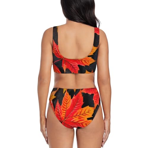 Maillot de bain gainant 2 pièces de haute qualité imprimé feuilles rouges