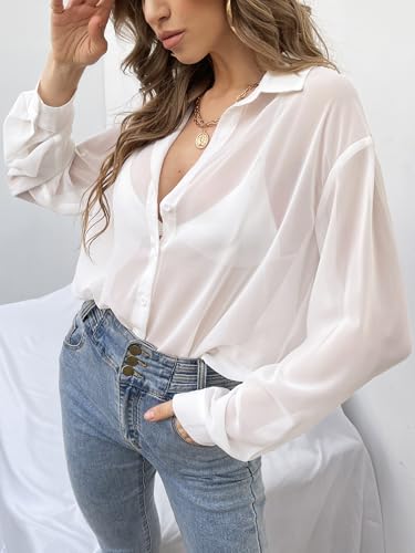 Verdusa Women's Sheer Mesh Button Down Shirt Top Long Sleeve Drop Shoulder Blouse3