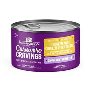Stella & Chewy’s Carnivore Cravings Savory Shreds Cans – Grain Free, Protein Rich Wet Cat Food – Cage-Free Chicken & Chicken Liver Recipe – (5.2 Ounce Cans, Case of 8)