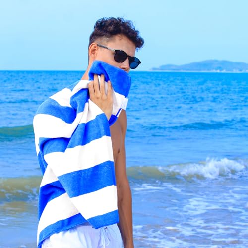 Exclusivo Mezcla 4 Pack Beach Towels, Large Microfiber Striped Beach Bath Pool Towel Set for Kids and Adults, Lightweight and Absorbent, 30x60 Inches, Blue