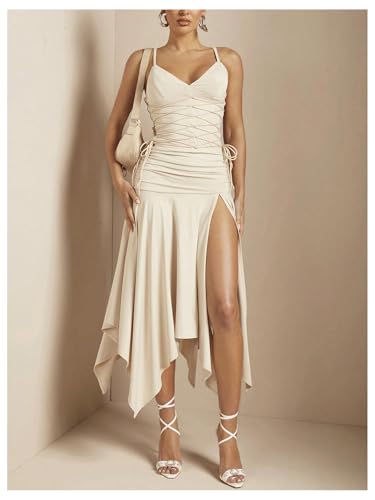 MakeMeChic Women's Ruched Split Thigh Midi Skirt Ruffle Asymmetrical Hem Summer Skirts4