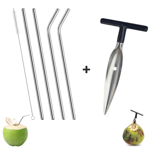 Image of Stainless Steel Coconut Opener Tool + Metal Drinking Straws Set (4-Piece) | Eco-Friendly, Reusable, Food Grade, Portable with Cleaning Brush & Pouch | for Coconut Water, Juice, Smoothie