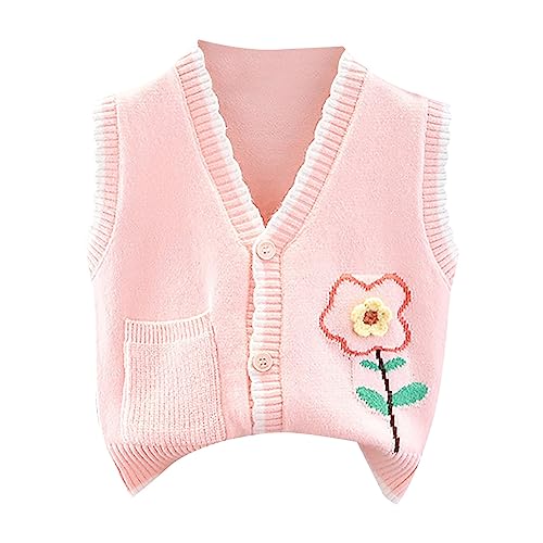 Toddler Baby Girls Floral Knit Sweater Vest Sleeveless Cardigan V Neck Button Down Shirt Flower (Pink, 4-5 Years)