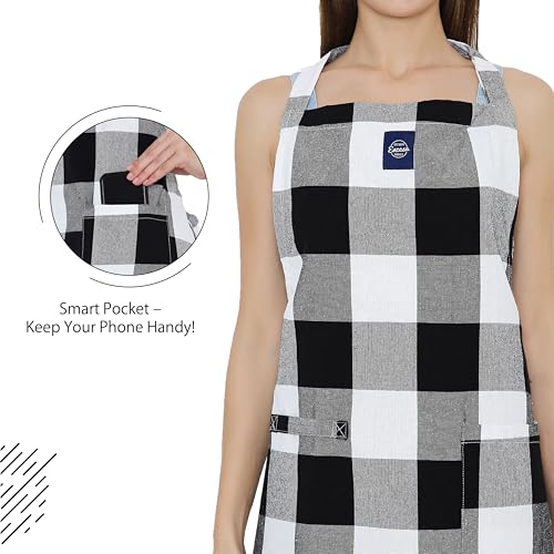 Image of Encasa XO Cotton Cooking kitchen Apron for Women and Men chef apron With adjustable neckstrap, Pocket & Towel Holder for Easy cooking, Baking, BBQ, Gardening- Buffalo Black Checks, 68x85 cm