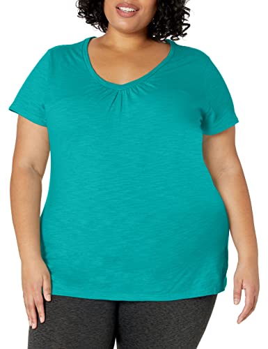 Just My Size Women s Short Sleeve Shirred V-Neck Tee, Eco Teal, 5X