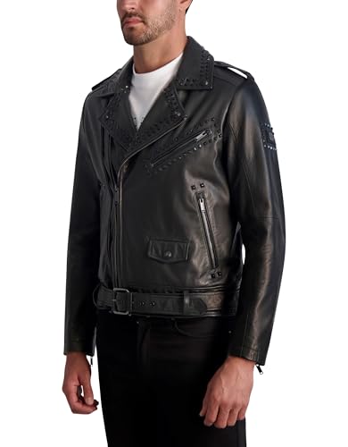 KARL LAGERFELD Men's Exposed Zippers and Studs Biker Leather Jacket2