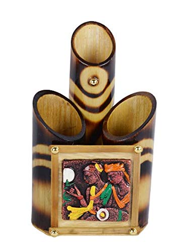 Samyak Bamboo Wooden Polished Pen/Pencil/Marker Desk Stand & Flower Vase With Terracotta Radha Krishna Design For Office/Home & Study Table Organizer.