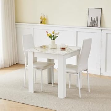 NICEME Compact Dining Table and 2 Chairs, Small Dining Room Set for 2 Seater Kitchen Table with Chairs for Small Space Saving, Glossing Tabletop 75x75 cm (Marble-White Table, 2 Seats, PU White #1)