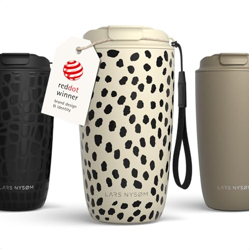 LARS NYSØM Thermo Coffee Mug-to-go with Strap 17oz | Travel Mug with Insulation | Leak Proof Stainless Steel Thermal Tumbler with Pattern Design for Coffee and Tea to Go