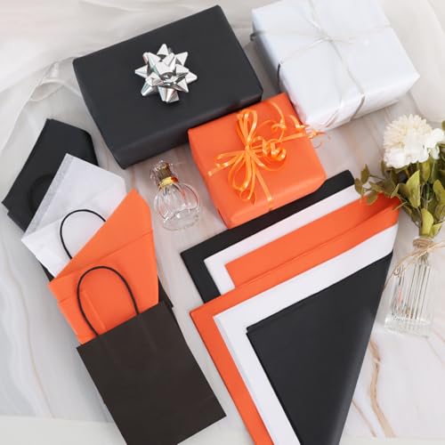 Image of BEISHIDA 90 Sheets Orange Black White Tissue Paper Bulk, Halloween Wrapping Tissue Paper for Gift Bags, 14 x 20 Inch Gift Wrap for Halloween Graduation Birthday DIY Crafts Holiday Flowers