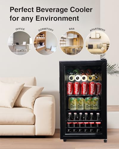 FLB-60 Refrigerator Cooler-120 Can Freestanding Beverage Cooler with Glass Door-Small Drink Dispenser Machine for Office or Bar with Adjustable Removable Shelves, Black