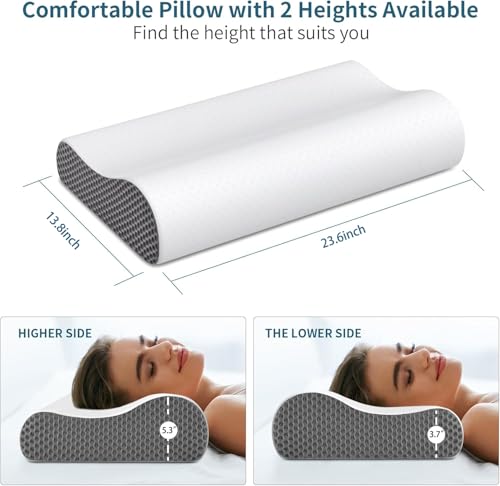 Image of Cervical Neck Pillow for Pain Relief, Contour Memory Foam Pillows Ergonomic Pillow for Sleeping Bed Pillow Neck Support with Cooling Pillowcase Orthopedic Pillow for Side Back Sleepers(Light Grey)