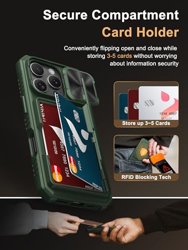 Image of Vihibii for iPhone 16 Pro Case with Card Holder (4 Cards) [RFID Blocking] & Slide Camera Cover, Military Grade Drop Protection, Rugged Hard Back & Silicone Edge Wallet Phone Cover, 6.3 inch 2024, Green