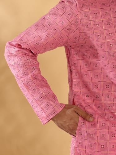 Image of KRAFT INDIA Men's Cotton Blend Geometric Printed Straight Long Regular Kurta and Elastic Waistband Pyjama Set