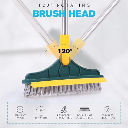 Image of UIMO 2-in-1 Floor Scrub Brush with Long Handle and Rubber Wiper, for Deep Cleaning Tiles, Walls, Shower, Kitchen (Green)