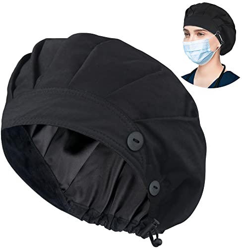 Image of ABAMERICA Bouffant Caps with Button and Sweatband, Adjustable Scrub Caps for Women Men, Satin Layer Black
