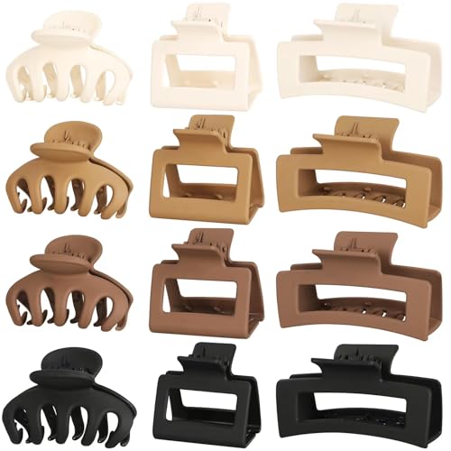 Small Medium Claw Clips for Women 3 Styles Hair Clips for Thick and Thin Hair Non-slip Strong Hold 12 Pcs (White Khaki Brown Black)