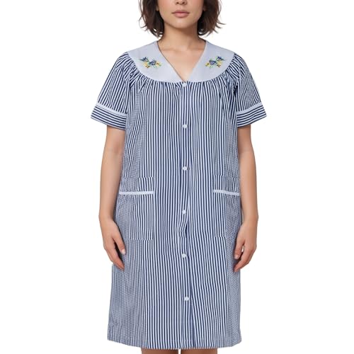 Image of Women's Short Sleeve Woven Snap-Front Closure Striped Embroidery Housecoat Duster Nightgown with Front Pockets