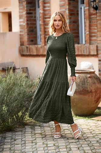 PRETTYGARDEN Women 2025 Spring Puff Long Sleeve Crewneck Smocked Maxi Dress Empire Waist Tiered A-line Swing Flowy Long Dress4