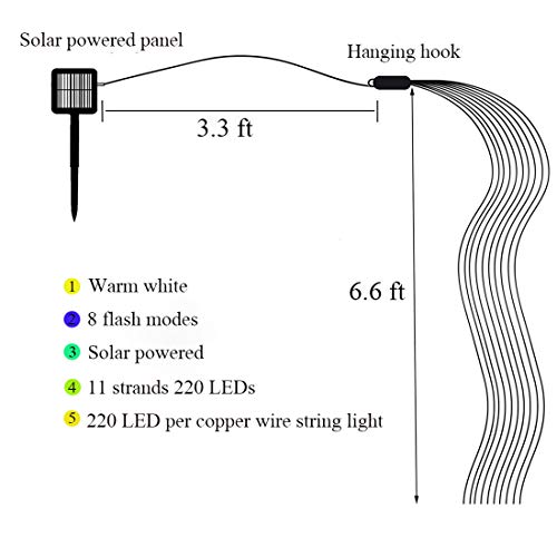 PXBNIUYA 2 Pack 220 LED Solar Firefly Bunch Lights, 8 Flashing Modes Waterproof Copper Wire Waterfall Lights, Fairy Lights for Vine Watering Can Christmas Outdoor Decor Lights (Warm White)