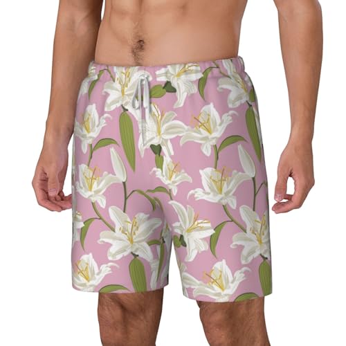 Lilies Flowers Light Pink Funny Men's Swim Trunks Board Shorts Quick Dry-2