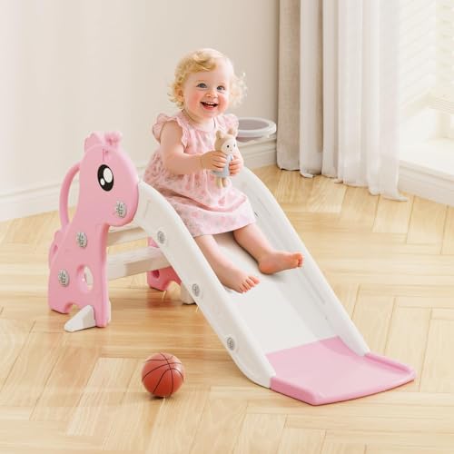 CENXI Toddler Slide Climber Playset with Basketball Hoop and Ball Indoor Outdoor Baby Slide Play Set Non-Slip Steps for Kids 1-3 Years Baby Plastic Outdoor Climber Freestanding Playset (Pink)