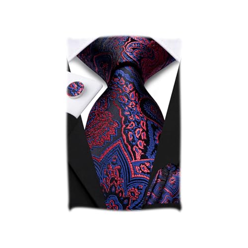 Image of Hi-Tie Paisley Floral Ties Set for Men Silk Mens Stripes Necktie Pocket Square Cufflinks Set Formal Business