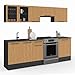 IDMarket - Cocina completa SUBTIL de 240 cm con vitrina + superficie de trabajo de 7 elementos en madera y negro