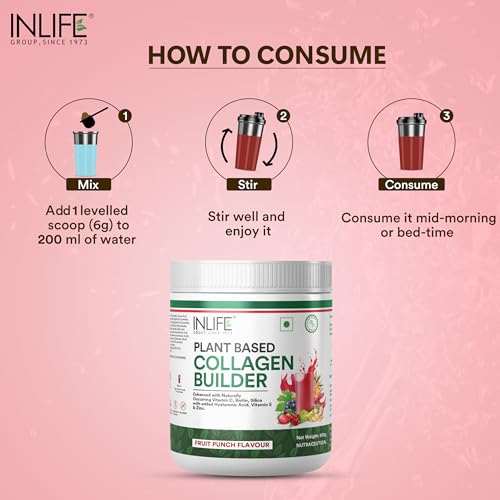 Image of INLIFE Collagen Builder Supplements For Women and Men | Plant Based Collagen Powder with Biotin from Sesbania, Vitamin C, Silica, Hyaluronic Acid, Vitamin E, 200g (Fruit Punch)