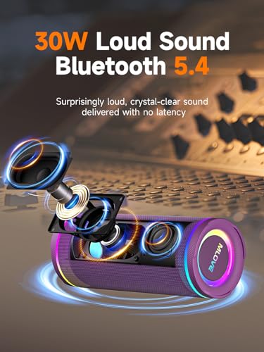 Image of MLOVE E80 Speakers Bluetooth Wireless, Portable Bluetooth Speaker with Aux Input, Micro SD Card Slot, Bass Boost, Dual Pairing, Lights, IPX7 Waterproof, BT5.4 for Outdoor, Travel, Car, TV, 30W, Purple