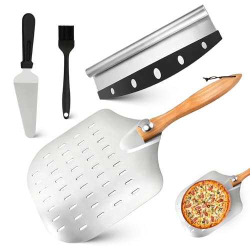 Perforated Pizza Peel 12 Inch Pizza Paddle Set Oven Accessories Include Foldable Wooden Handle Small Spatula and Oil Brush Pizzas Cutter for Baking Pizzas and Artisan Bread & Cakes