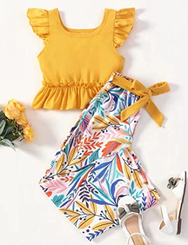 Ferwang Kids Big Girls Summer 2 Piece Outfits Floral Ruffle Hem Top & Plants Print Pants For 5-12Y #TOP2