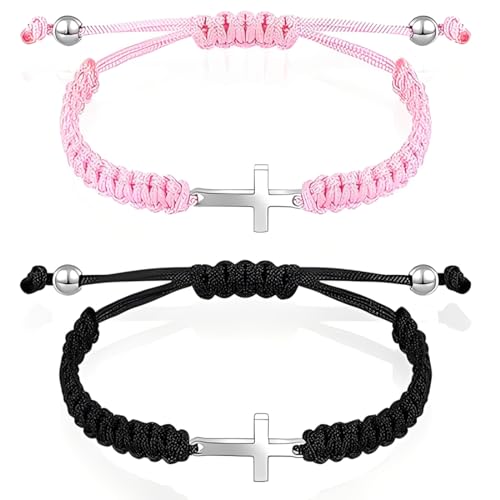 Luxorium Lot de 2 bracelets croix femme et homme tressés, cadeau chrétien pour foi et amitié