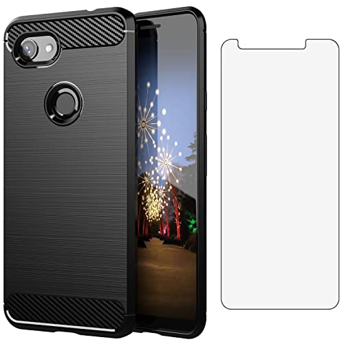 Asuwish Compatible with Google Pixel 3a XL Case and Tempered Glass Screen Protector Cell Accessories Protective TPU Phone Cover for Pixel3aXL Pixle 3aXL A3 Pixel3a LX Women Men Carbon Fiber Dark Black