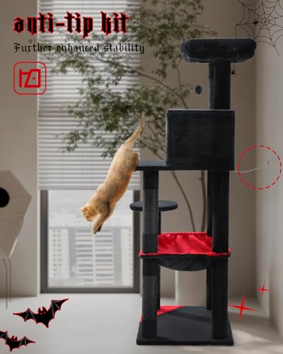 Image of MUTTROS Gothic Cat Tree with Super Large Hammock, 56.3 inch Black Cat Tower with Coffin Bed, Cat Condo, Sisal Scratching Posts & Top Perch, Multi-Level Goth Cat Tree, Halloween, Black