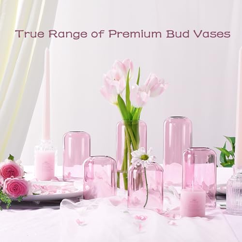Image of ZENS Bud Vases Set of 6, Pink Clear Small Glass Vase for Flowers. Modern Hand Blown Cylinder Glass Vase for Wedding Reception Centerpieces Living Room Decorative.