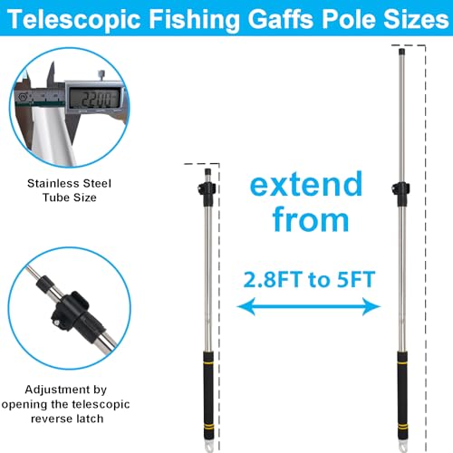 Greeily Telescopic Fishing Gaffs, 2.8FT to 5FT Fishing Gaff Pole with 8mm Screw Telescopic Gig Pole Capable for Fishing Hook Harpoon Stainless Steel Material