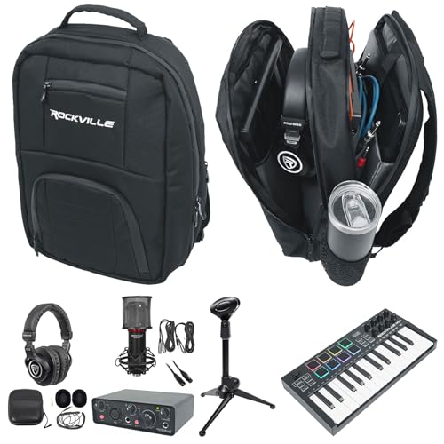 Rockville Bundle: Rockville R-TRACK SOLO Recording USB C Audio Interface Bundle with MIDI Keyboard Controller Black, Studio/Recording Mic, Headphones, Backpack, Mic Stand, XLR Mic Cable (7 items)