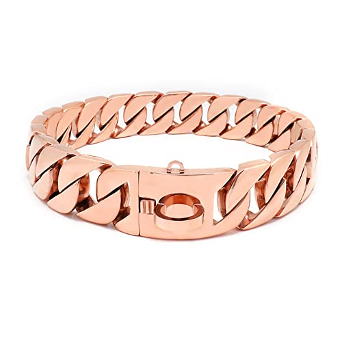 TDHLW Big Dog Chain Collar with Buckle, 32mm Cuban Link Walking Training Collar with Design Safety Buckle, Stainless Steel Metal Cuban Link Chain Collar for Large Dogs,Rose Gold,50cm/20in