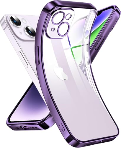 Image of VONZEE TPU Compatible With iPhone 14 Case 6.1 Inch,Luxury Electroplated Soft Edge Bumper Case,Full Camera Protection & Reinforced Corners Shockproof Case Cover|Transparent|Deep Purple