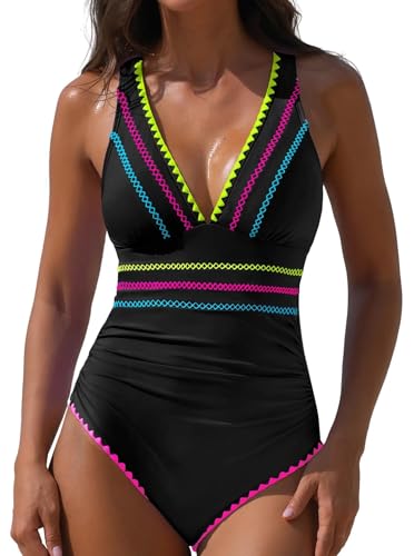 popvil Modest One Piece Swimsuits for Women 2026 Tummy Control Neon Bathing Suit with Adjustable Strap Black Large