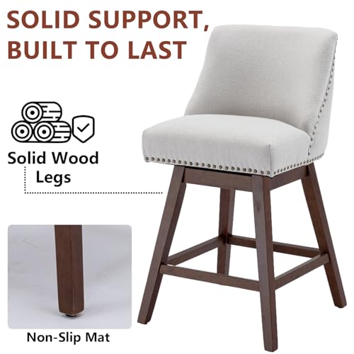 Majnesvon Sillas de Barra Giratorias Juego de 2, 26" de Altura de Asiento, Taburetes Tapizados con Patas de Madera Maciza y Respaldo para Isla de Cocina Comedor y Pub (Beige) miniatura 5