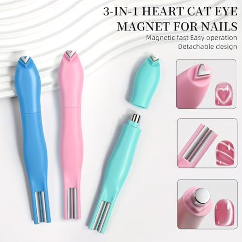 Image of Cat Eye Nail Art Magnet Pen - 3-in-1 Multifunction Nail Design Pen for Heart, Line & French Effects, Professional Magnet Tool for Cat Eye Gel Polish, Easy DIY Nail Art for Salon Home Manicure Use for girls and Women(Multicolor)
