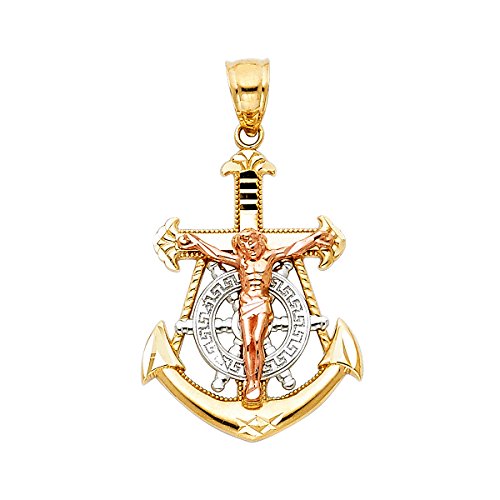 14K Tri Color Gold Jesus Crucifix Anchor Religious Pendant - Crucifix Charm Polish Finish - Handmade Spiritual Symbol - Gold Stamped Fine Jewelry - Great Gift for Men & Women for Occasions, 26 x 18 mm, 2.0 gms