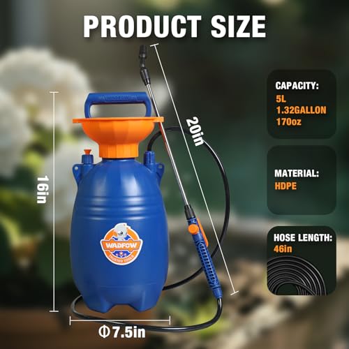 Image of WADFOW 1.32 Gallon Pump Pressure Sprayer, Lawn & Garden Water Spray Bottle for Pests Controlling, Garden Watering and Household Cleaning