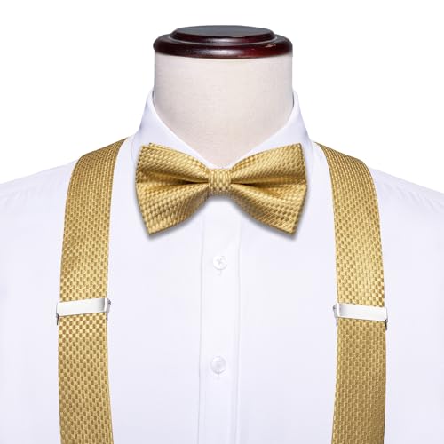 Image of Dubulle Suspender and Bow Tie for Men Paisley Solid Mens Suit Braces Pretied Bowtie and Handkerchief Cufflinks Formal Wedding