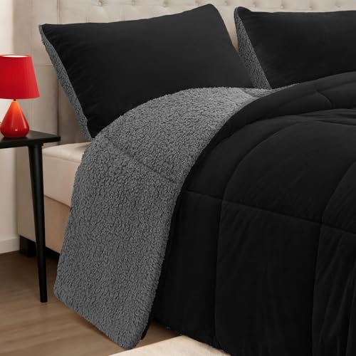 Fluffy Sherpa Queen Comforter Set 3 Pieces, Thick Reversible Down...
