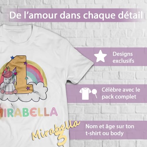 EVYRE | Pack Cumpleaños Personalizado | Camiseta Personalizada O Body Bebe Personalizado Con Nombre Y Número + Topper Tarta Personalizado De Metacrilato Colores Para Decoración Cumpleaños | Unicornio