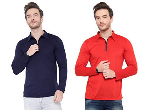 Image of Men's Cotton Blend Full Sleeve Zip Neck Polo T-Shirt (Pack of 1)